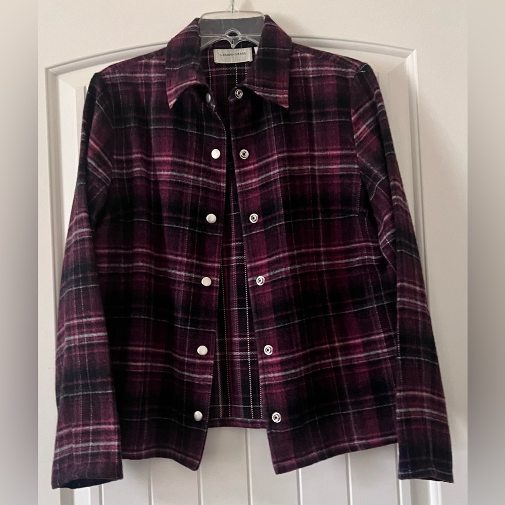 Lemon Grass Women’s Size (8) Medium Jacket‎ Burgundy Wine Wool Plaid Blend Soft